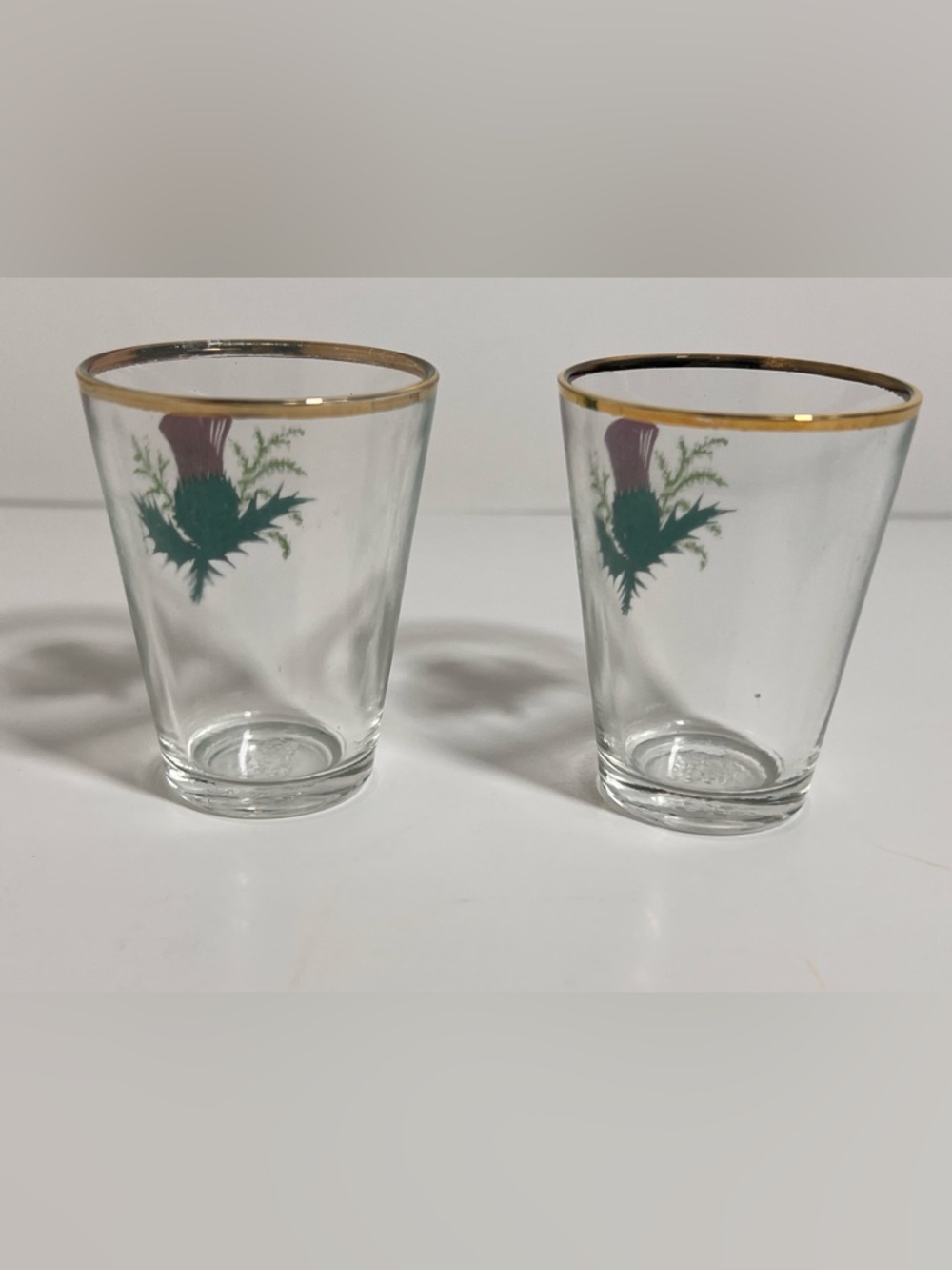 2-VTG Scottish Thistle Heather Shot Glasses Gold Trim NS 236 Purple Green MCM - Picture 4 of 8